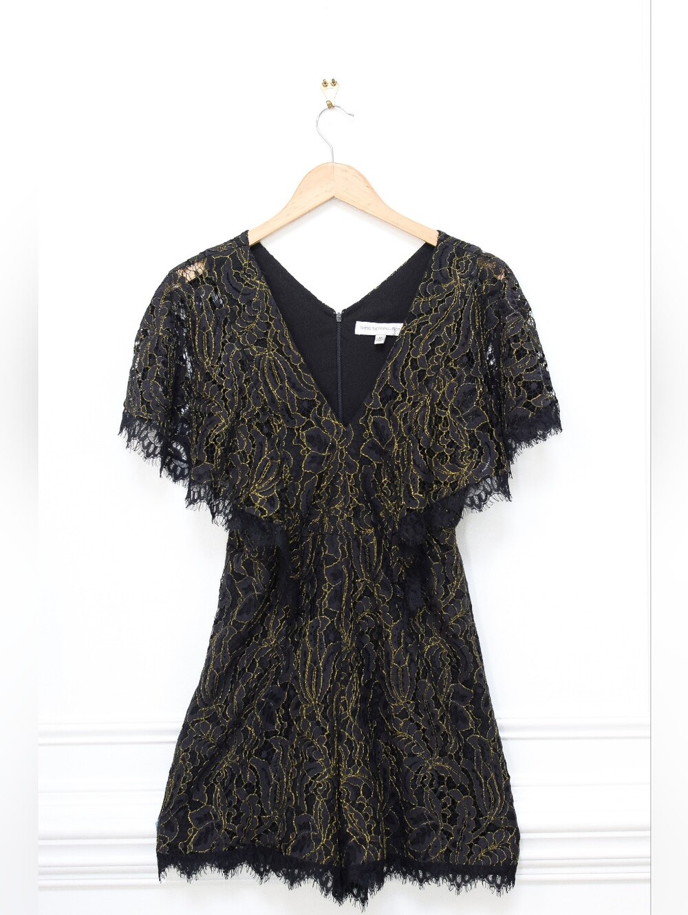 Dress The Population Raven Black Lace Romper Flutter Sleeve Size M Cocktail Glam - Picture 2 of 7